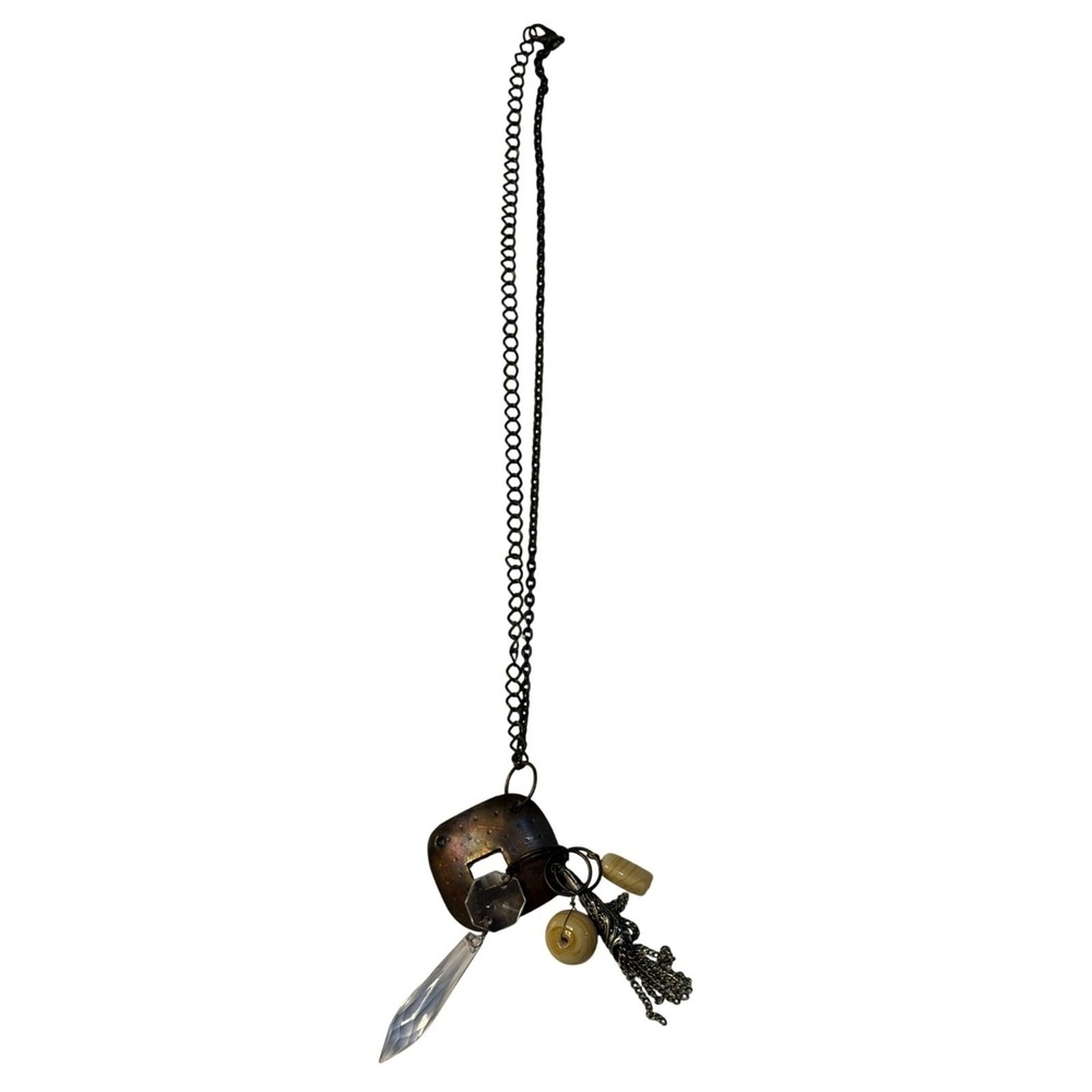 Long Bohemian Charm Necklace Brass Tone Locket Pendant Pearls 14" Womens Jewelry